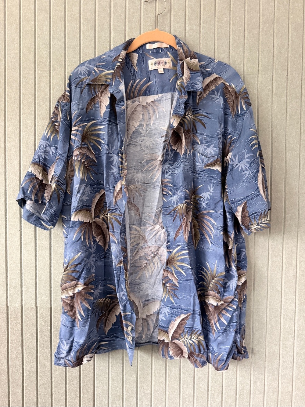 Men's Blue Tropical Print Short-Sleeve Button-Down Shirt VTG